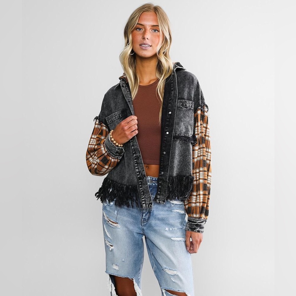 Gilded Intent denim fringe and plaid jacket